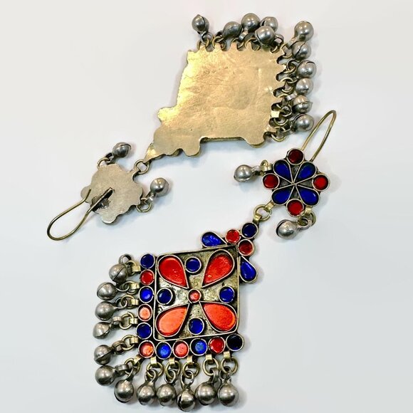 Red Earrings, Cobalt Blue, Massive, Boho, Vintage Earrings, Middle Eastern,Jewel - Picture 3 of 3